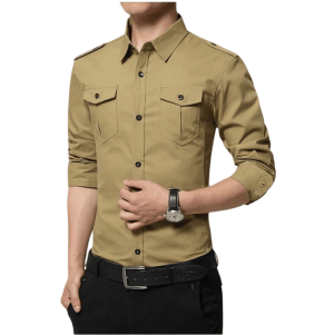 قميص جينز رجالي بأكمام طويلة – تصميم عسكري ضيق مع جيوب مزدوجة ولون سادة عصري
