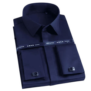 قميص رجالي رسمي 100% قطن – تصميم فرنسي فاخر بأزرار أكمام فرنسية مخفية